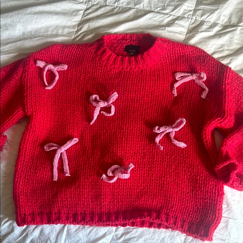 Lumiere Red and Pink Crew Neck Sweater with Bow Pattern